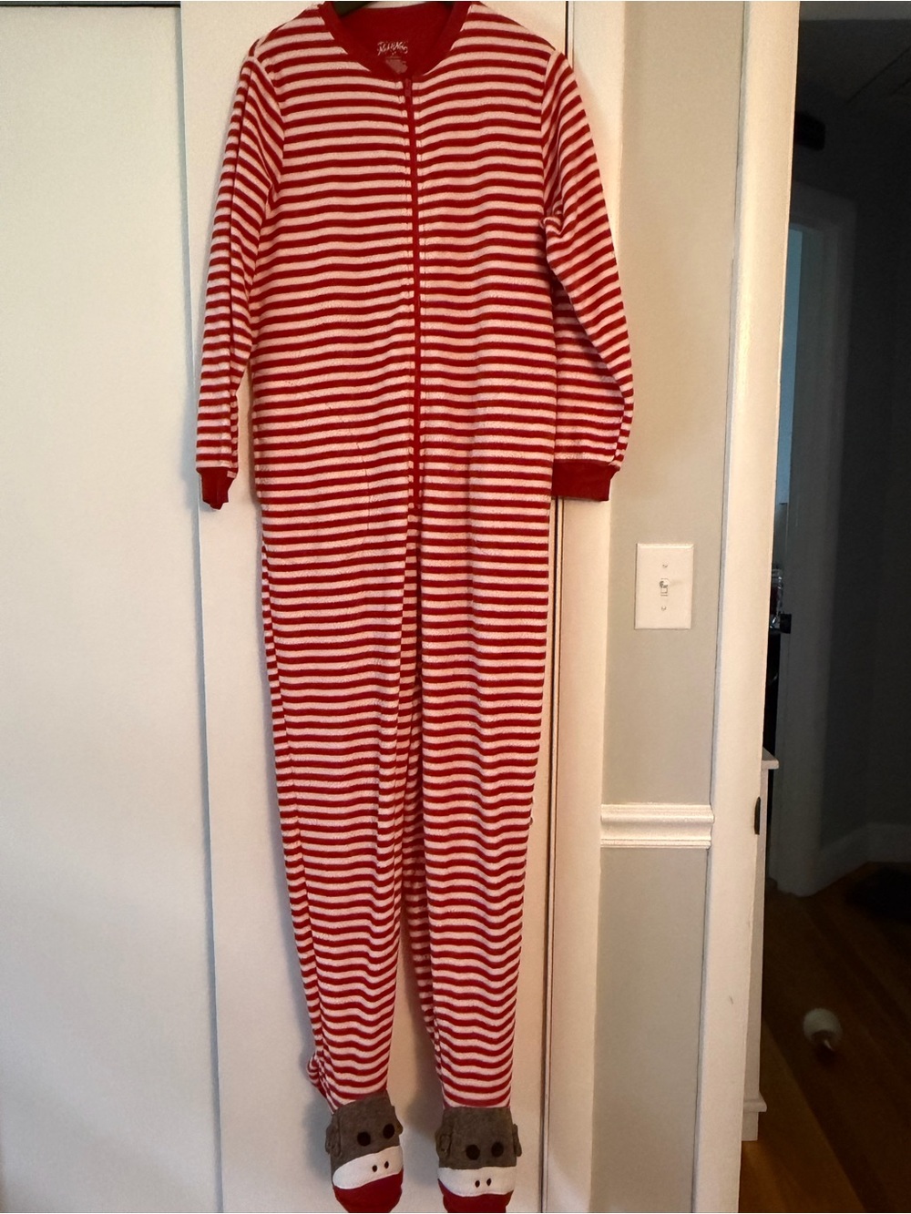 Christmas PJs - Nick & Nora Red and White Striped Footed Pajama Onesie